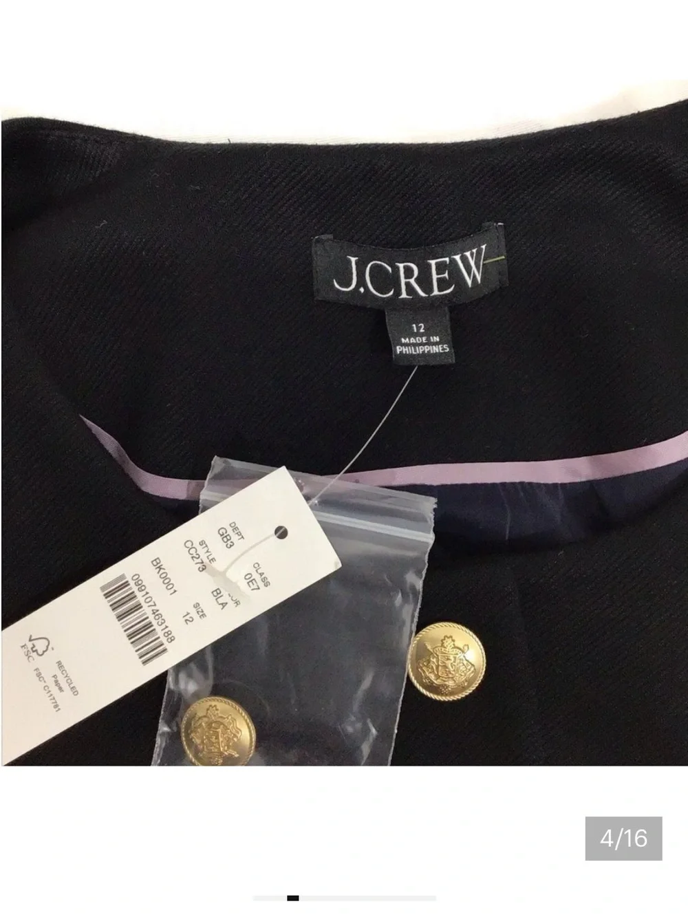 J. Crew Black Cropped Lady With Gold Button Detail Jacket New Size 12